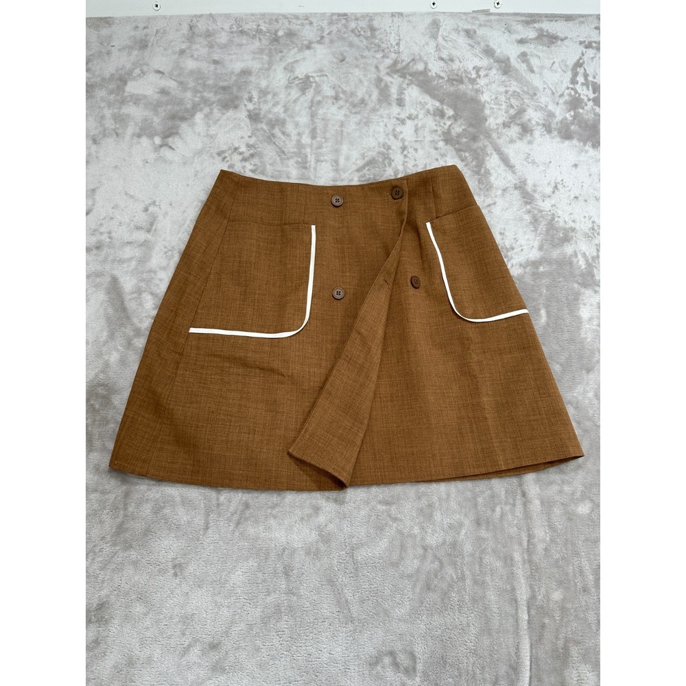 Rihoas Mini Skirt Womens Size Medium Brown Button Flap Pockets Lined Stretch EUC